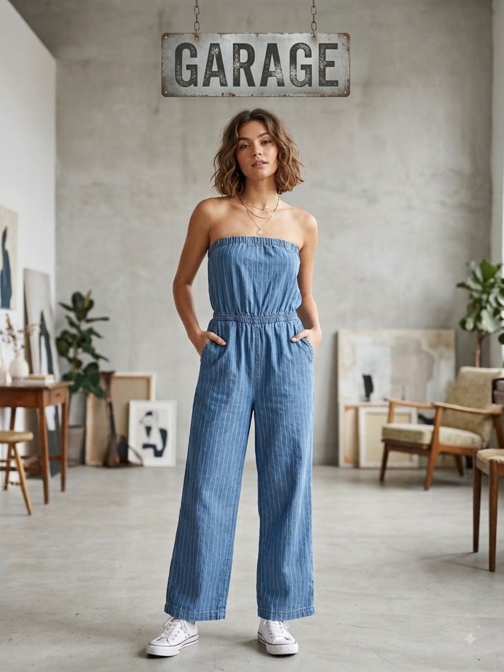 Garage Strapless Light Blue Wide-Leg Jumpsuit